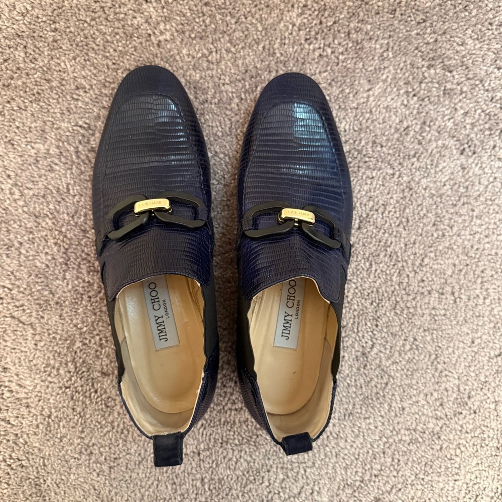 Jimmy Choo Navy Textured Leather Slip-On Loafers with Gold Accent